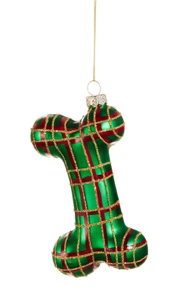 Plaid Dog Bone Glass Ornament