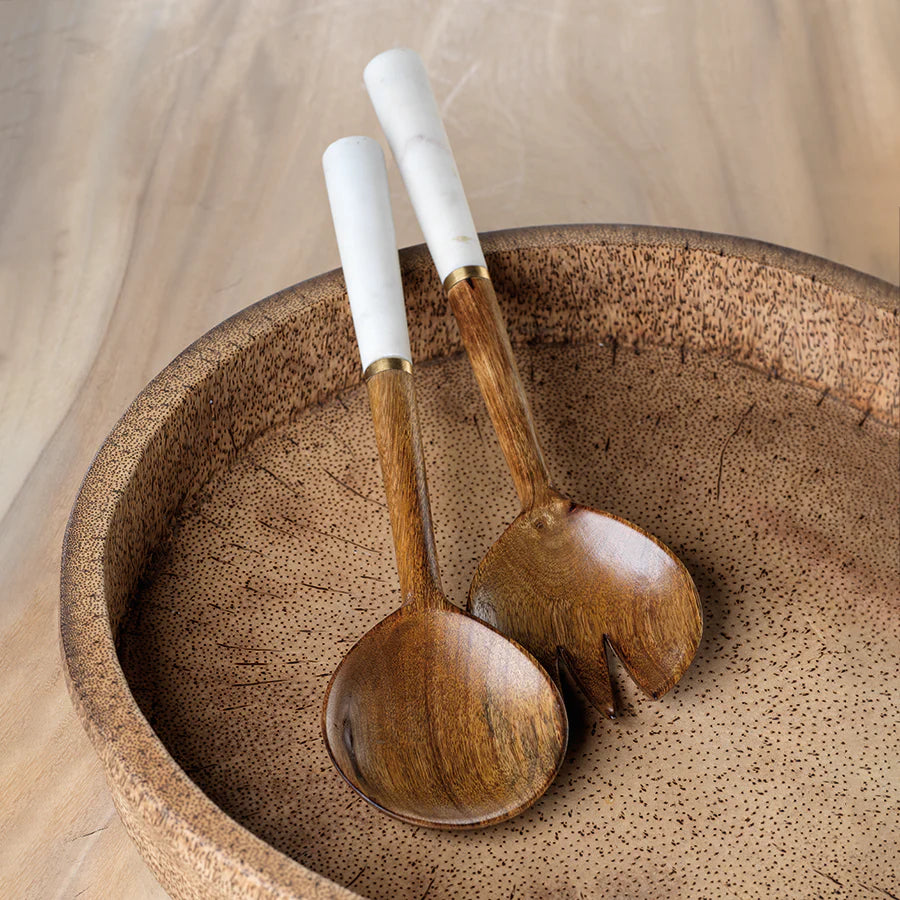 Mango Wood and Marble Salad Servers