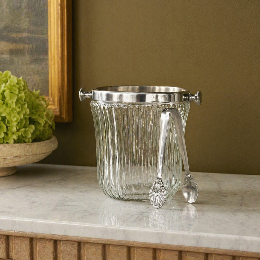 Ribbed Glass Ice Bucket with Tongs