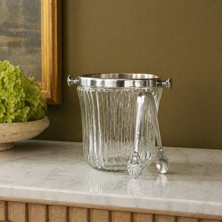 Ribbed Glass Ice Bucket with Tongs