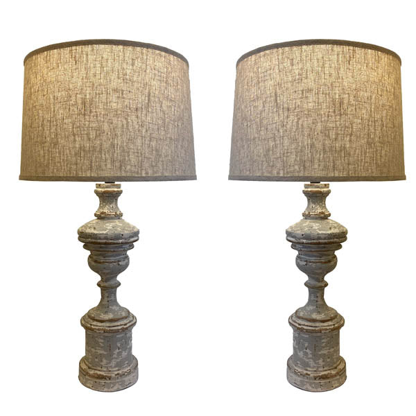 Pair of Oversized Distressed Wood Baluster Lamps – 36" Tall