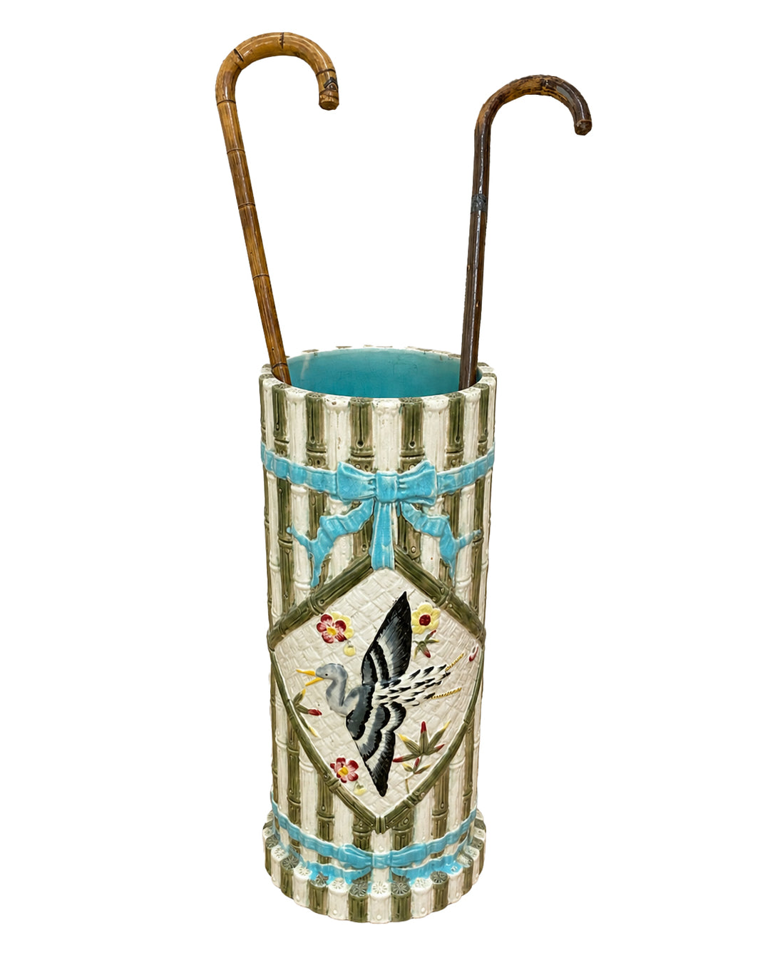Majolica-Style Umbrella Stand with Vintage Bamboo Canes