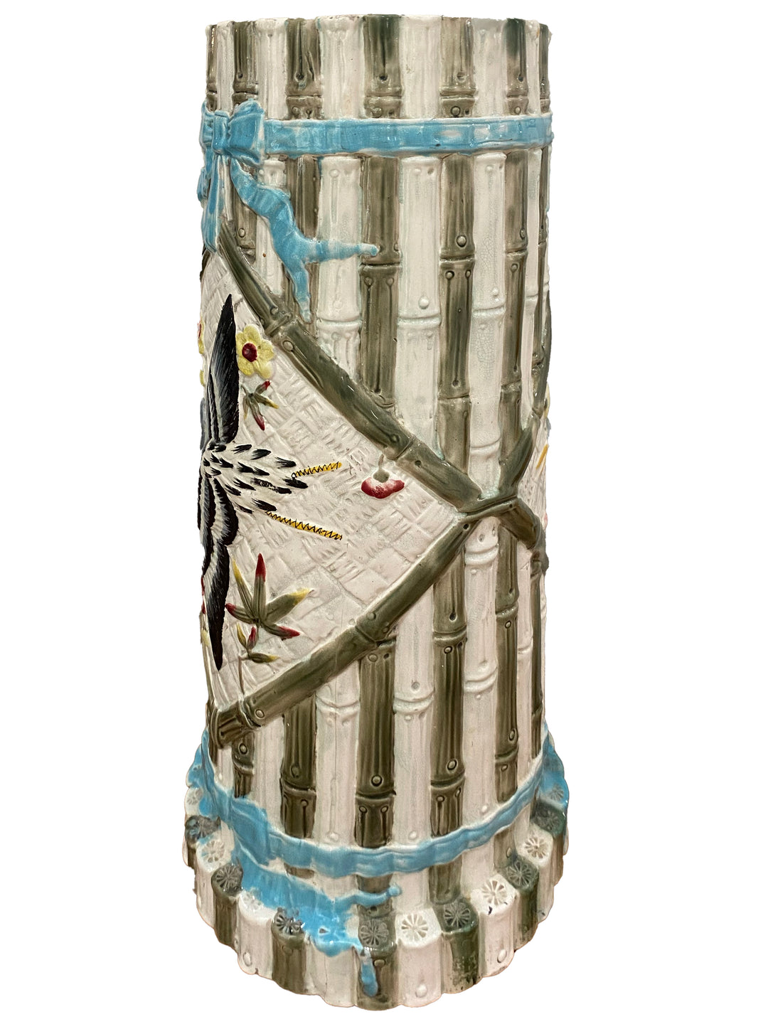 Majolica-Style Umbrella Stand with Vintage Bamboo Canes