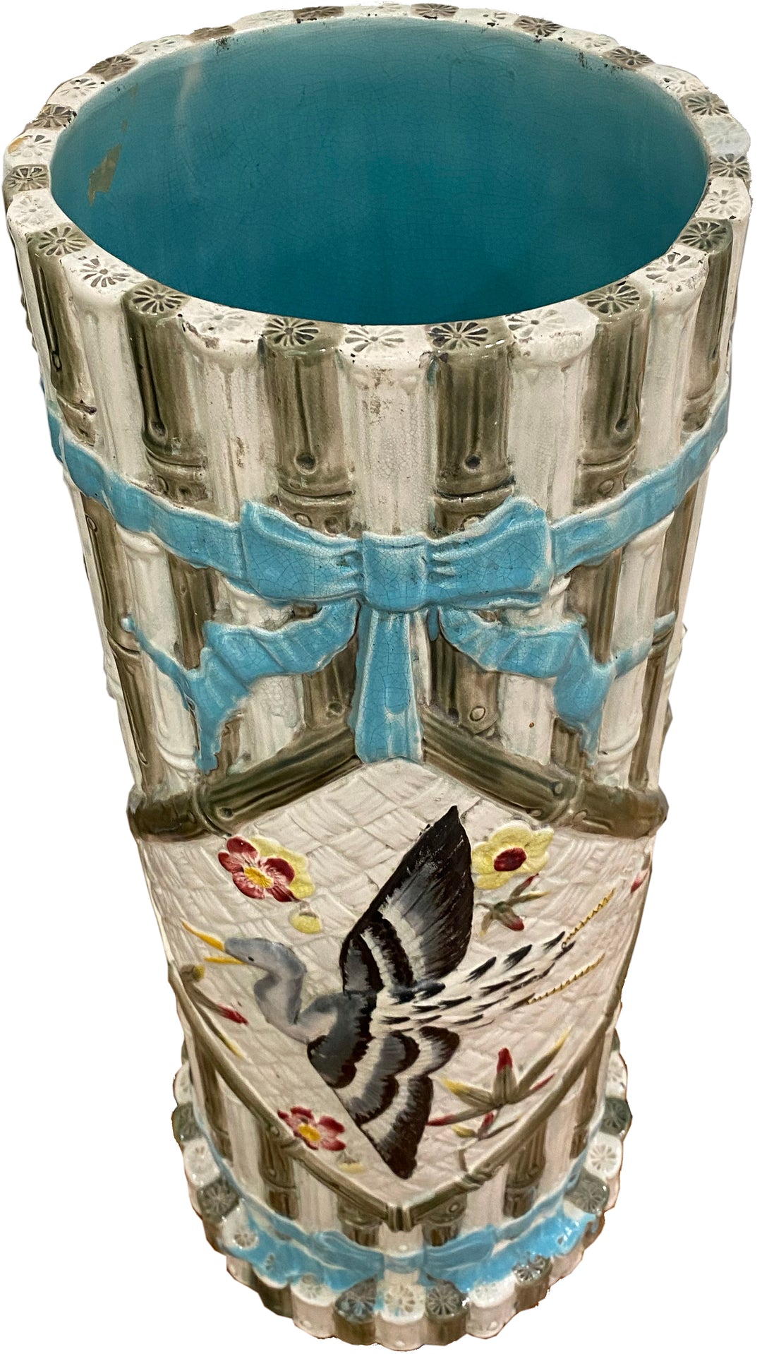 Majolica-Style Umbrella Stand with Vintage Bamboo Canes