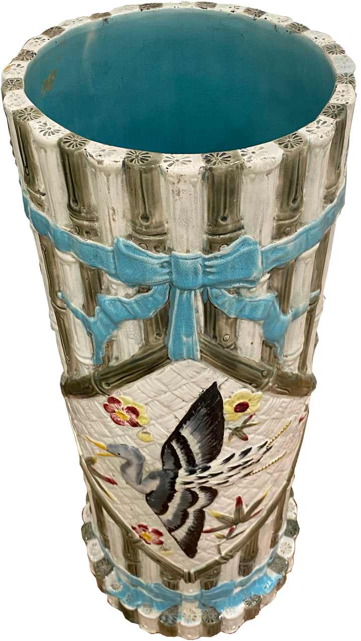 Majolica-Style Umbrella Stand with Vintage Bamboo Canes
