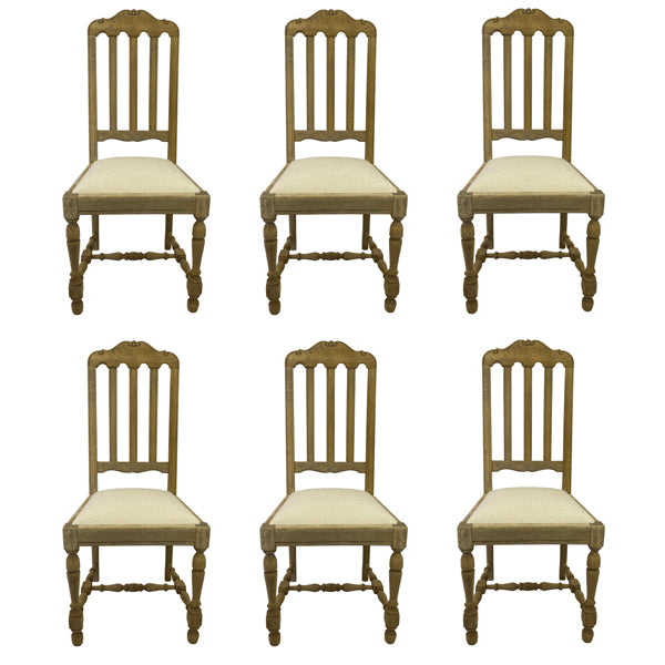 20th Century French Bleached Oak Dining Chairs With Upholstered Seats, Set of 6