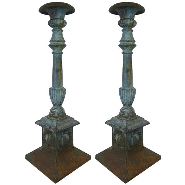 Pair of Antique Cast Iron Garden Candlesticks c.19th Century