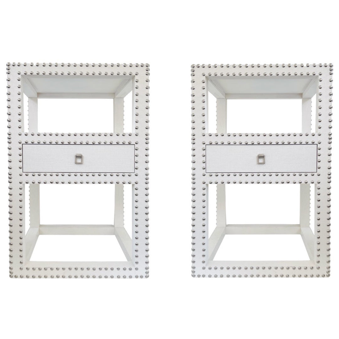 Pair of White Grasscloth Nightstands with Silver Nailhead Trim