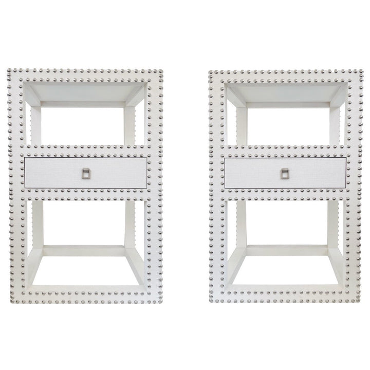 Pair of White Grasscloth Nightstands with Silver Nailhead Trim