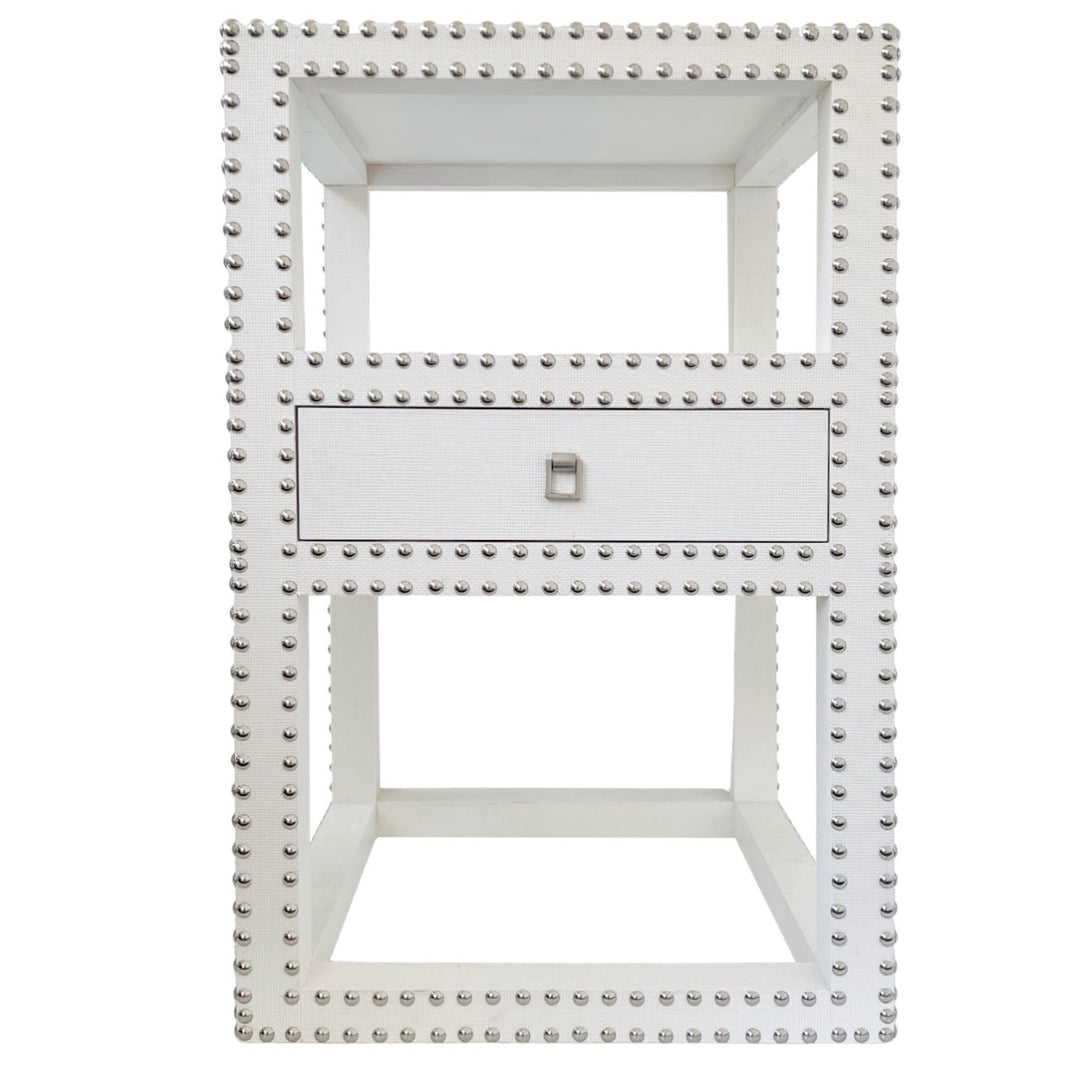 Pair of White Grasscloth Nightstands with Silver Nailhead Trim