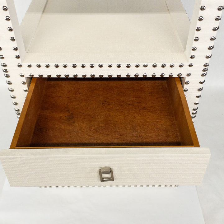 Pair of White Grasscloth Nightstands with Silver Nailhead Trim