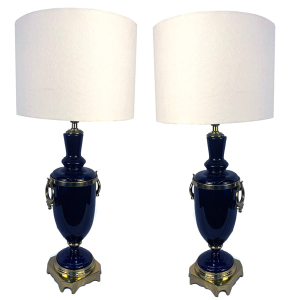 Pair of Cobalt and Bronze Mid-Century Lamps