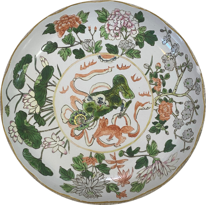 Hand-Painted Asian Porcelain Plate – Foo Dog & Floral