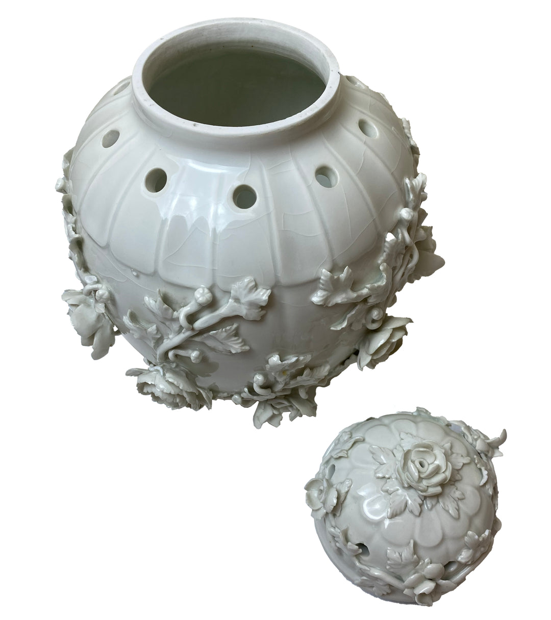 French-Style Porcelain Potpourri Vase with Applied Floral Decoration
