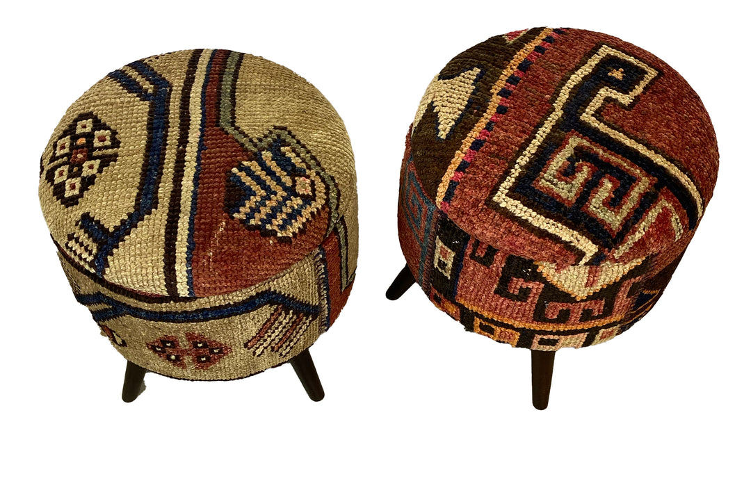 Vibrant Vintage Turkish Carpet Ottomans