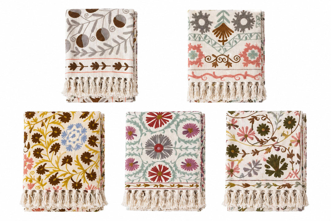 Handloom Slub Cotton Throw with Suzani Embroidery