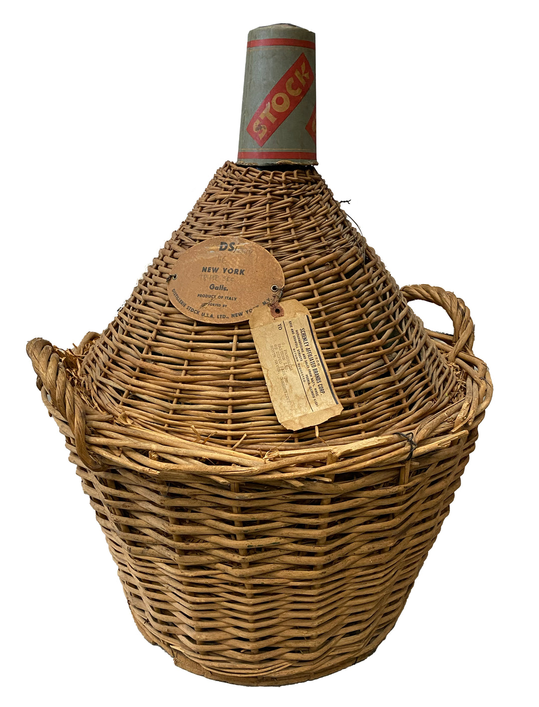French Green Glass Demijohn in Woven Basket, circa 1960