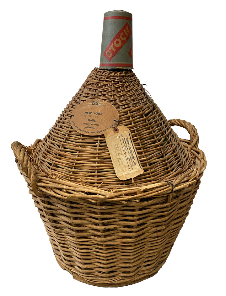 French Green Glass Demijohn in Woven Basket, circa 1960