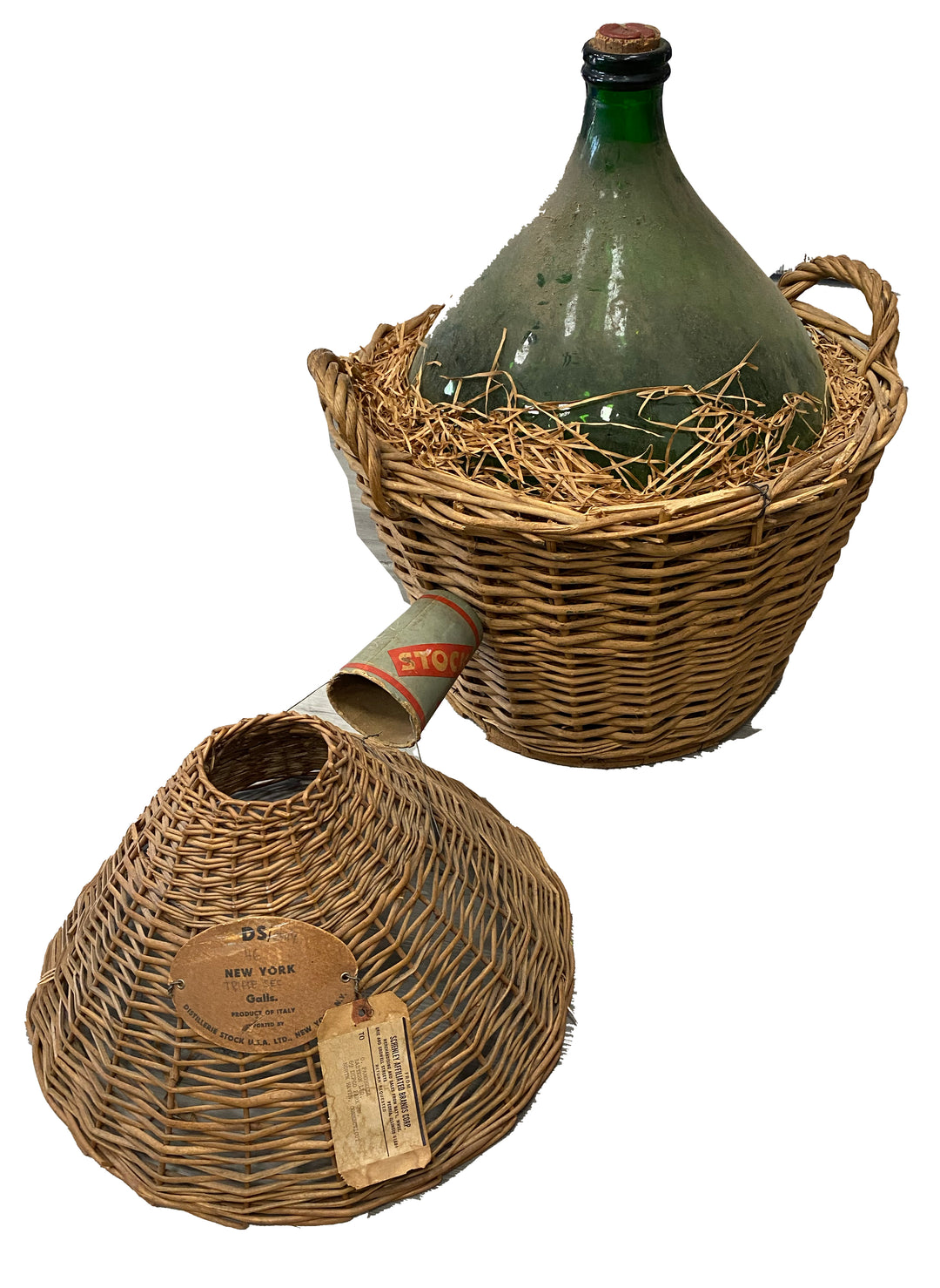 French Green Glass Demijohn in Woven Basket, circa 1960
