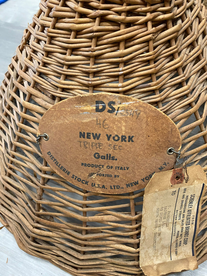 French Green Glass Demijohn in Woven Basket, circa 1960