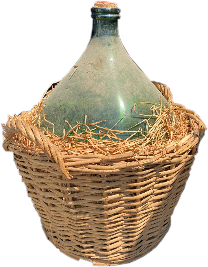 French Green Glass Demijohn in Woven Basket, circa 1960