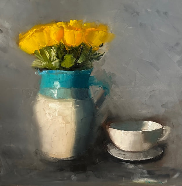 Original Oil by Mary Beth Gaiarin - "Yellow Roses with White Cup"