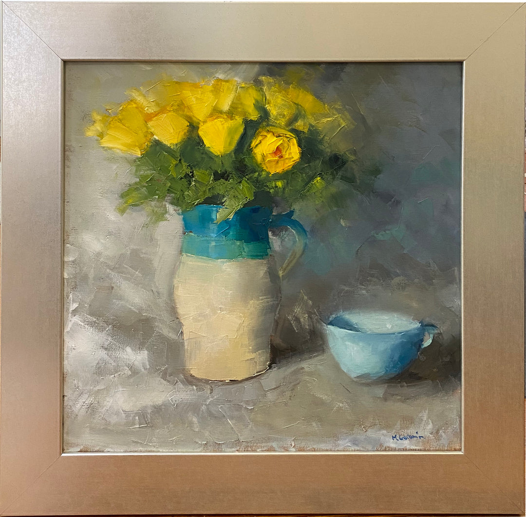 Original Oil by Mary Beth Gaiarin - "Yellow Roses with Blue Cup"