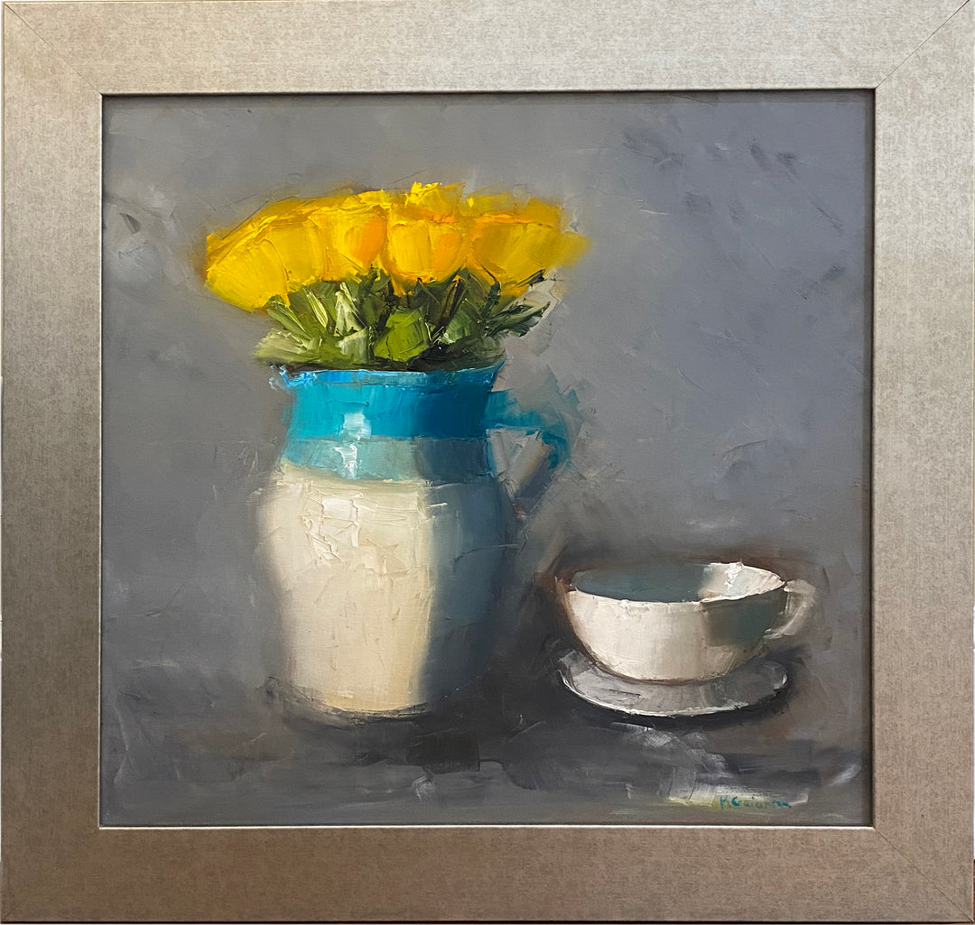 Original Oil by Mary Beth Gaiarin - "Yellow Roses with White Cup"