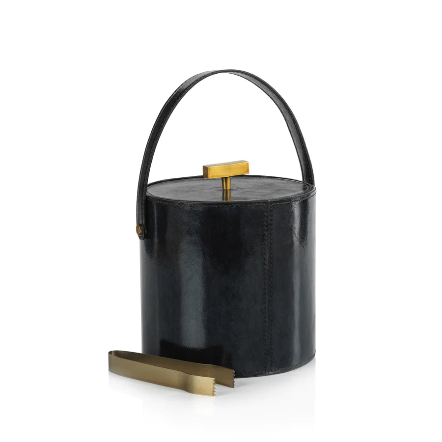 Savoy Blue Leather Ice Bucket with Tongs