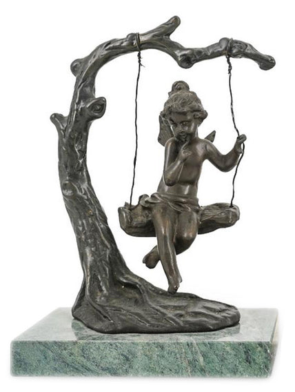 Art Nouveau Bronze Statue pf Cherub on Swing, Signed