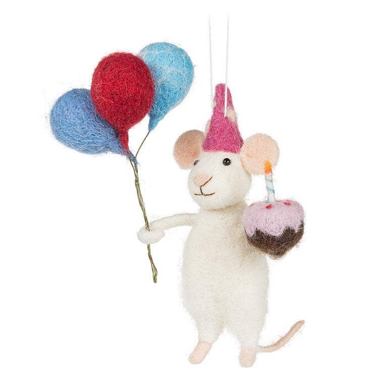 Birthday Mouse Ornament with Balloons & Cake