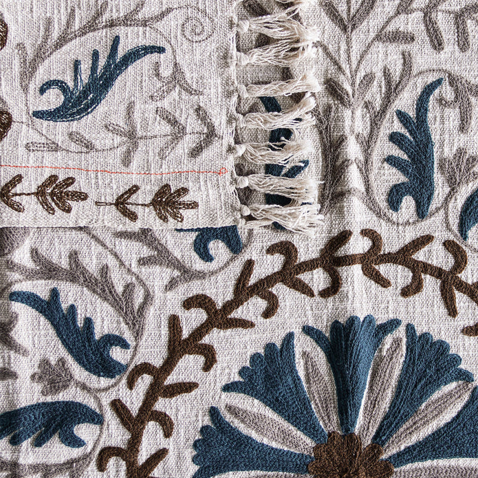 Handloom Slub Cotton Throw with Suzani Embroidery