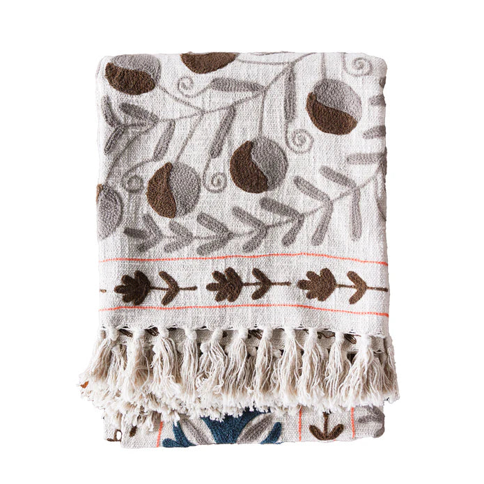 Handloom Slub Cotton Throw with Suzani Embroidery