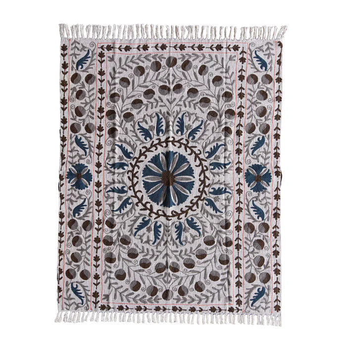 Handloom Slub Cotton Throw with Suzani Embroidery
