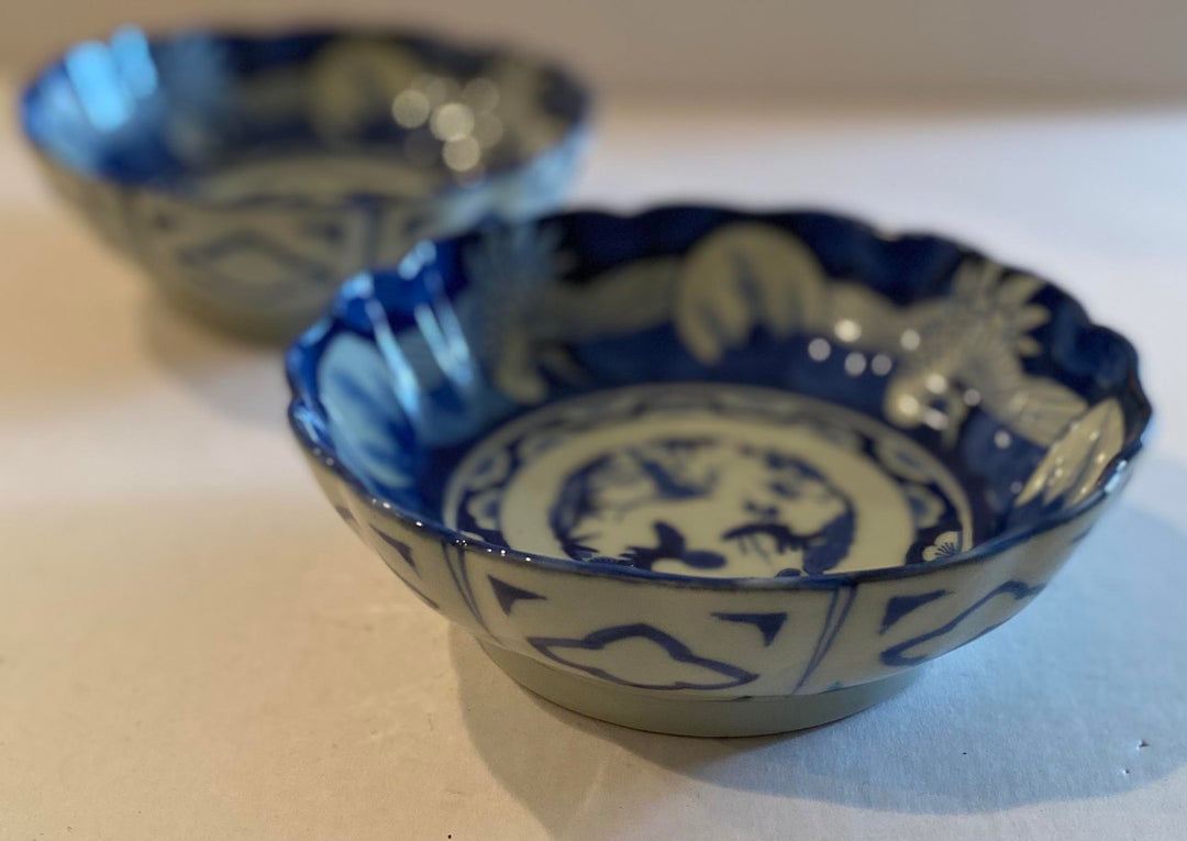 Pair of Imari Blue & White Lobed Bowls