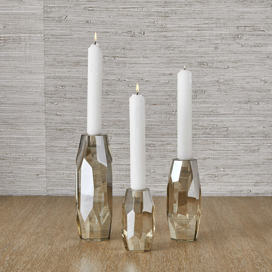 Multifaceted Champagne Crystal Candleholders -  Set of 3