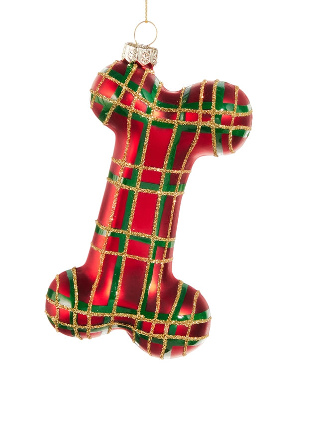 Plaid Dog Bone Glass Ornament